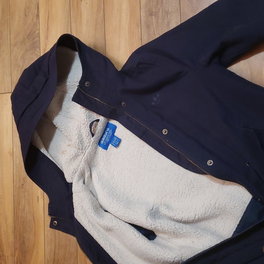 Adidas winter coat jacket long sherpa lining hood up to -20C navy blue